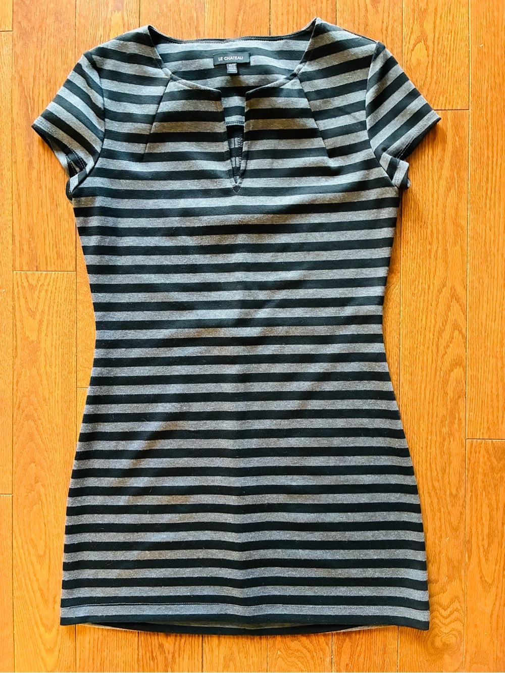Le Chateau Black and Gray Striped Short Sleeve Knit Mini Dress